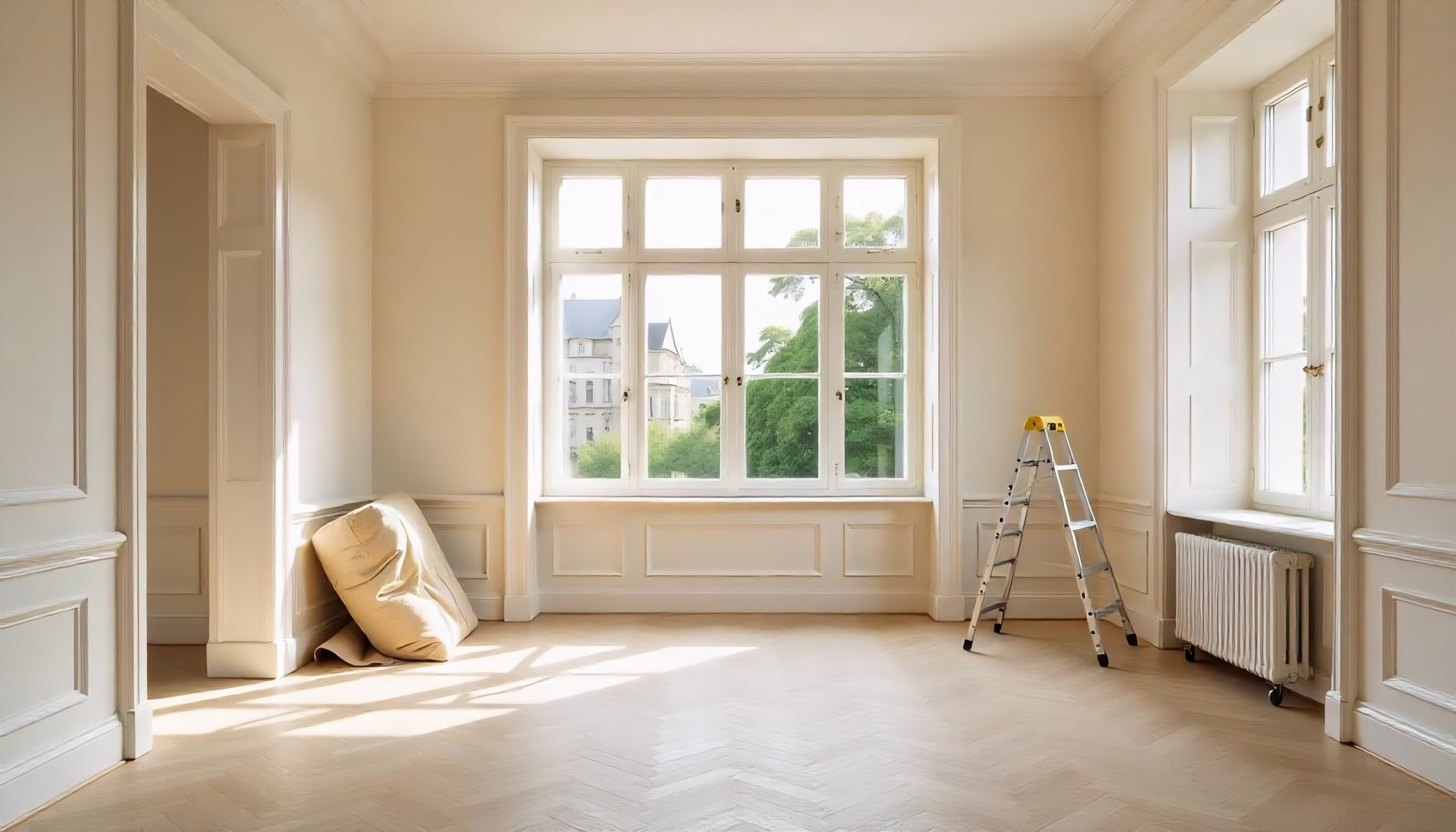 Séjour lumineux en cours de rénovation dans une maison de Saint-Germain-en-Laye