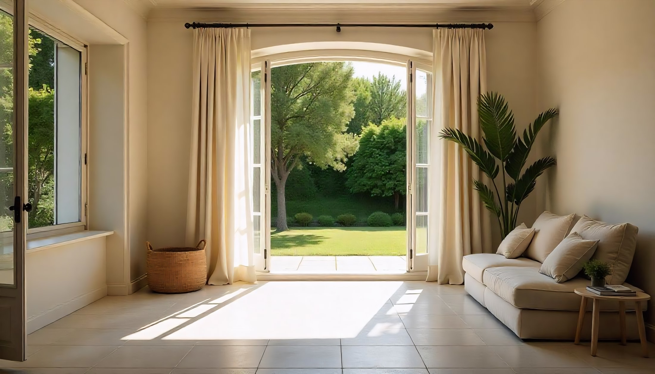Séjour frais et ventilé naturellement, protégé du soleil, dans une maison des Yvelines