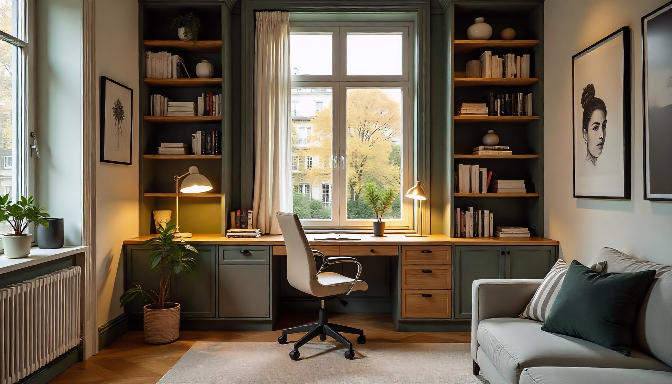 Bureau à domicile aménagé sur mesure sous une fenêtre dans un appartement des Yvelines
